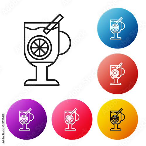Black line Mulled wine with glass of drink and ingredients icon isolated on white background. Cinnamon stick, clove, lemon slice. Set icons colorful circle buttons. Vector Illustration