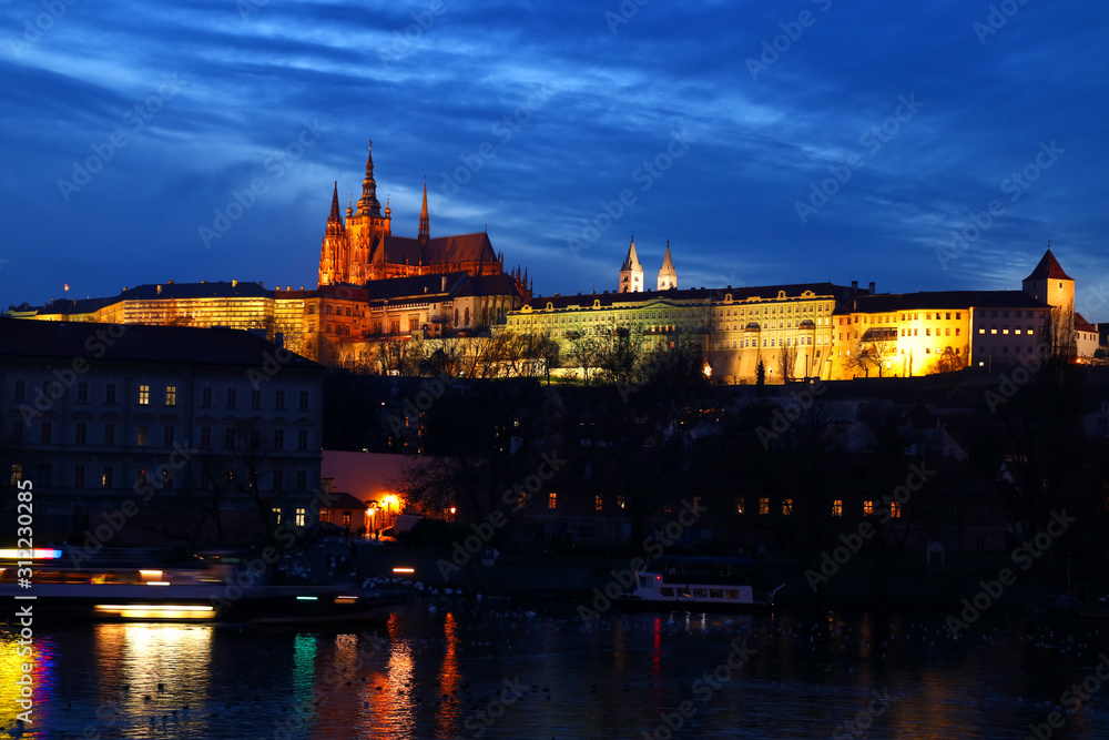 Prague at night. Cathedral and palace view