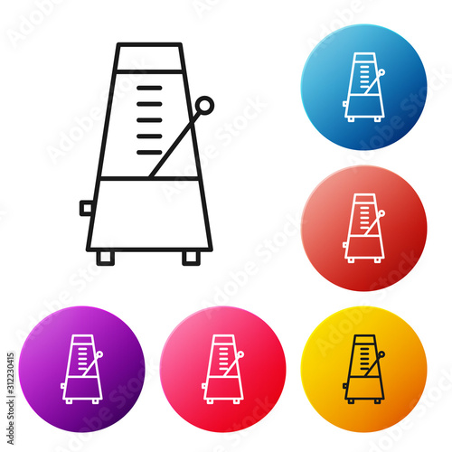 Black line Classic Metronome with pendulum in motion icon isolated on white background. Equipment of music and beat mechanism. Set icons colorful circle buttons. Vector Illustration