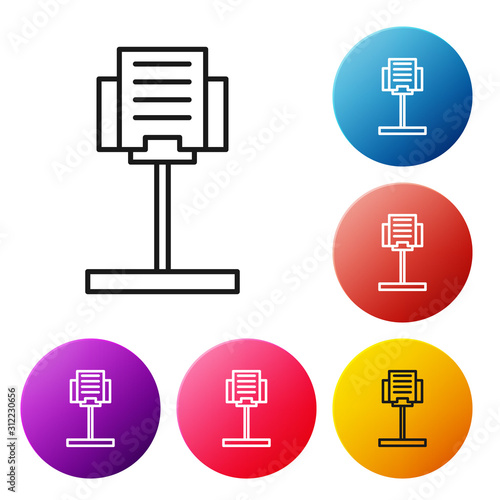 Black line Music stand icon isolated on white background. Musical equipment. Set icons colorful circle buttons. Vector Illustration