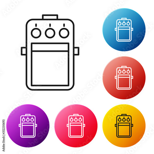 Black line Guitar pedal icon isolated on white background. Musical equipment. Set icons colorful circle buttons. Vector Illustration