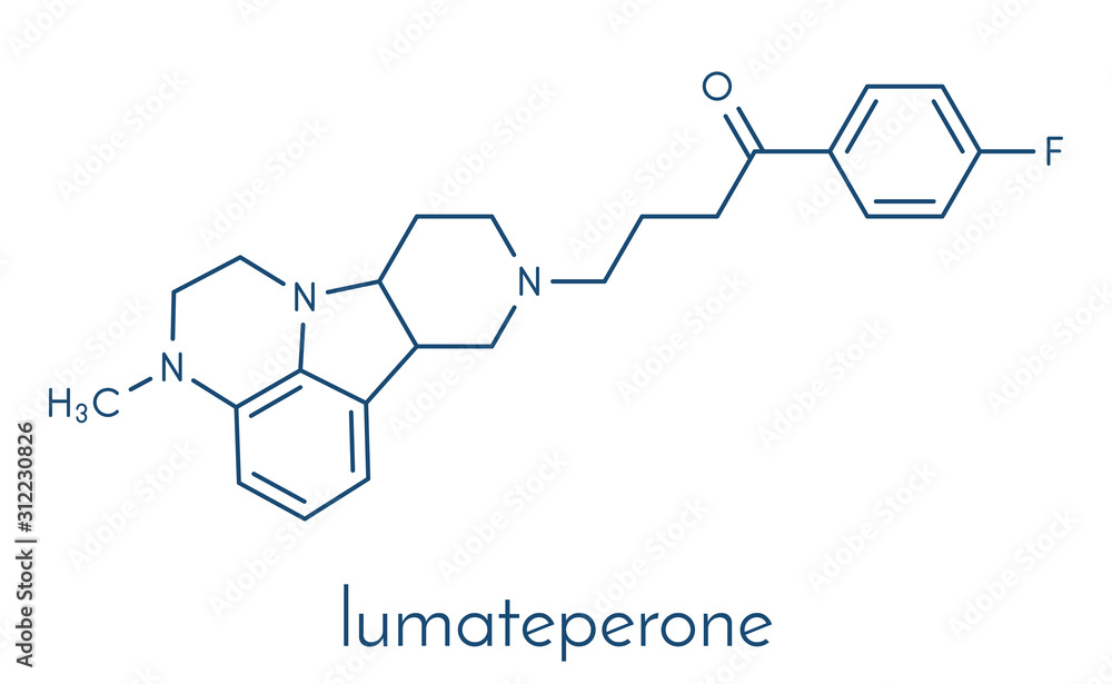 Lumateperone antipsychotic drug molecule. Skeletal formula. Lumateperone antipsychotic drug molecule. Skeletal formula.