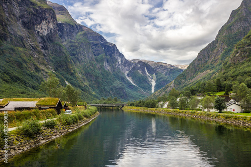 viking boat on Naeroyfjord in Norway