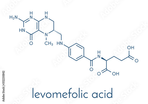 Levomefolic acid or 5-methyltetrahydrofolate molecule. Skeletal formula.