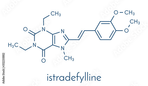 Istradefylline Parkinson's disease drug molecule. Skeletal formula.