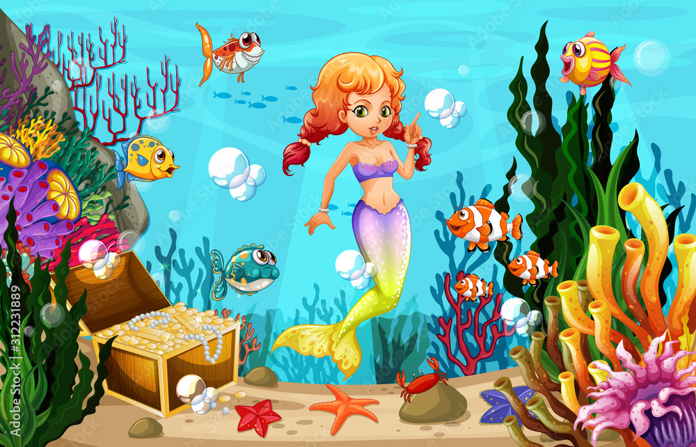 Mermaid and many fish under the ocean Mermaid and many fish under the ocean