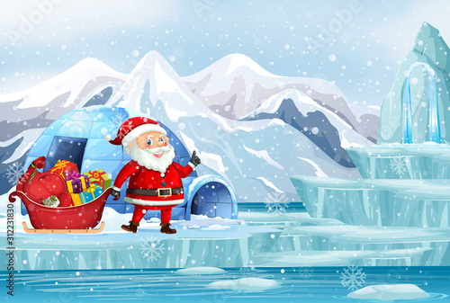 Scene with Santa and present in north pole