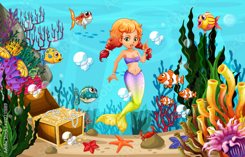 Mermaid and many fish under the ocean