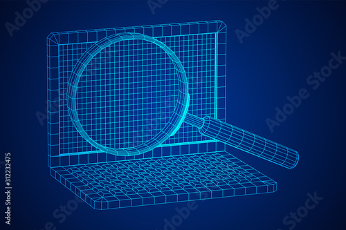 Magnifying glass in front of laptop screen. Business internet surfing, Analysis search concept. Wireframe low poly mesh vector illustration