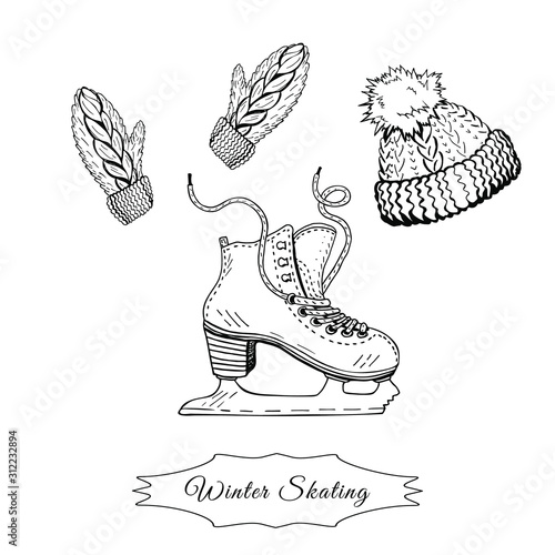 skates, knitted wool winter hat and knitted mittens, hand-drawn vector illustration. winter sports and leisure