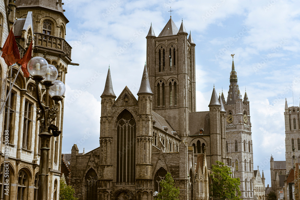 Panoramic views of the Saint Nicholas' Church in Ghent, Belgium. Gothic building