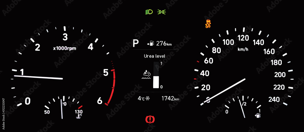 Illustration of illuminated car instrument panel with urea level indicator, speedometer, tachometer, odometer, fuel gauge, car temperature gauge, traction control and handbrake warning light.