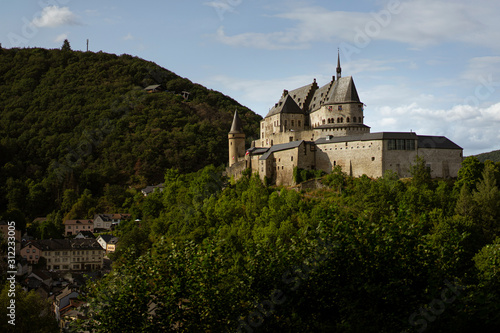 Panoramic view of the medieval castle of Vianden  Luxembourg  on a hill in the forest