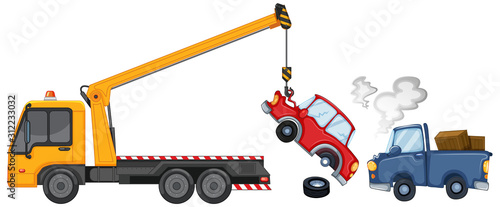 Tow truck lifting damaged cars