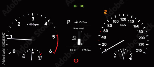 Illustration of illuminated car instrument panel with urea level indicator, speedometer, tachometer, odometer, fuel gauge, car temperature gauge, traction control and handbrake warning light.