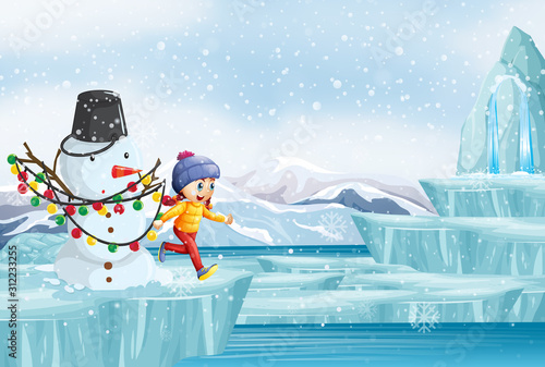 Scene with snowman and little girl