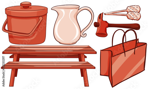 Isolated set of household items in red