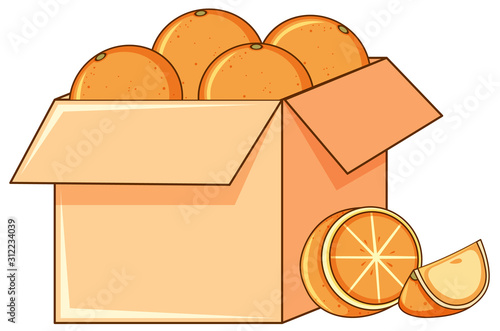 Box of oranges on white background