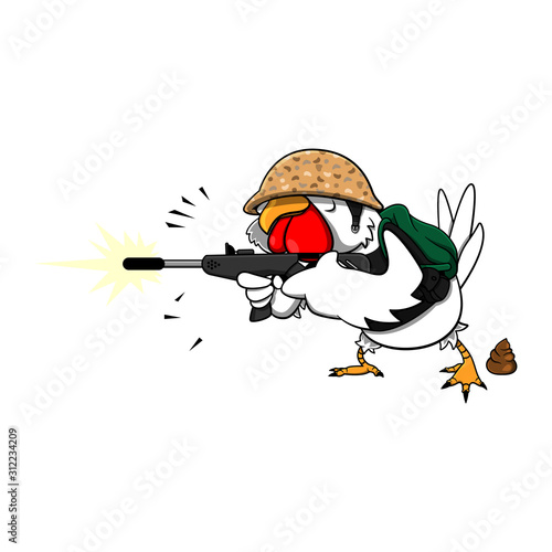 Funny Rooster mascot characters wearing army equipment like helmet, vest, and backpack while shooting with assault rifle Cartoon Vector