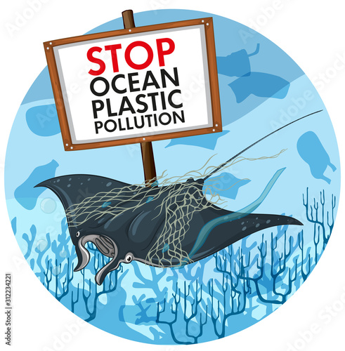 Poster design with stingray and plastic pollution sign