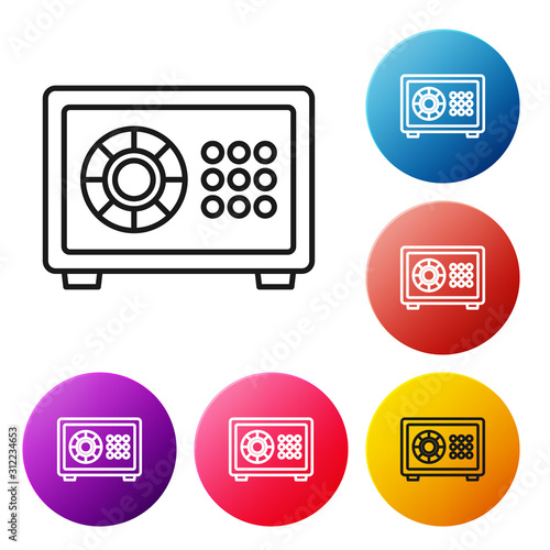 Black line Safe icon isolated on white background. The door safe a bank vault with a combination lock. Reliable Data Protection. Set icons colorful circle buttons. Vector Illustration