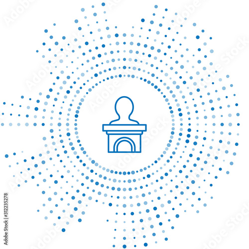 Blue line Stage stand or debate podium rostrum icon isolated on white background. Conference speech tribune. Abstract circle random dots. Vector Illustration