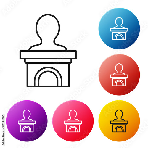 Black line Stage stand or debate podium rostrum icon isolated on white background. Conference speech tribune. Set icons colorful circle buttons. Vector Illustration
