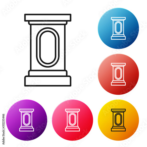 Black line Stage stand or debate podium rostrum icon isolated on white background. Conference speech tribune. Set icons colorful circle buttons. Vector Illustration