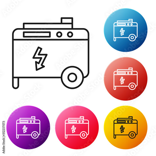 Black line Portable power electric generator icon isolated on white background. Industrial and home immovable power generator. Set icons colorful circle buttons. Vector Illustration