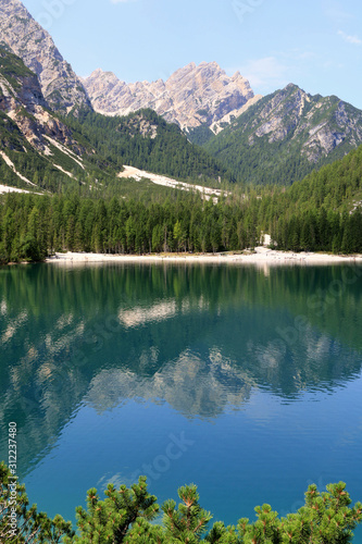 Fototapeta Naklejka Na Ścianę i Meble -  The beautiful colors of the nature of Braies lake, Dolomites alps, South Tyrol, Italy.