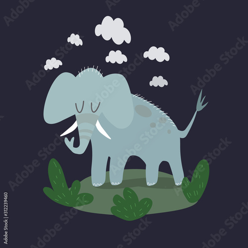 blue elephant stands under the clouds