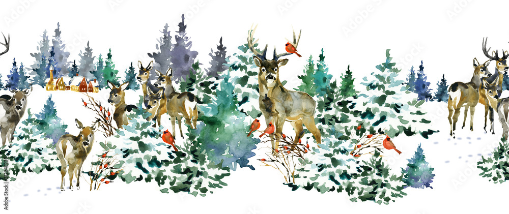 Obraz akwarela Szwu z zimowego lasu i jelenie