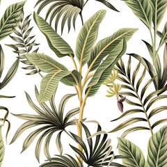 Wandcirkels Botanische print patronen Vintage palm en bananenboom wit  © good_mood