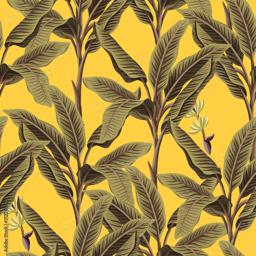 Tropical vintage banana trees floral seamless pattern yellow background. Exotic botanical jungle wallpaper.