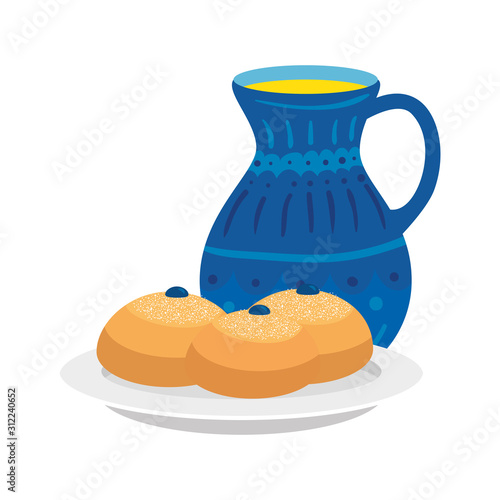 set of round breads with teapot isolated icon vector illustration design