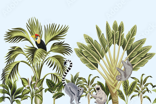 Tropical vintage wild animals, bird, palm tree, banana tree and plant floral seamless border blue background. Exotic jungle wallpaper.