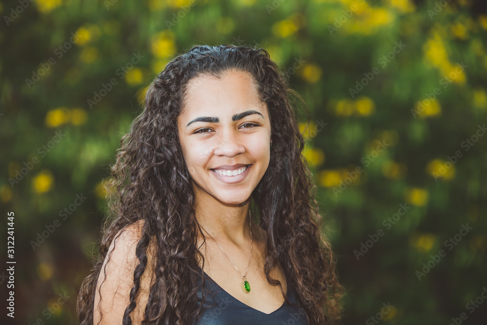 Portrait of smiling beautiful young female farmer. Woman at farm in summer  day. Gardening activity. Brazilian girl. Stock Photo | Adobe Stock