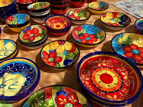 traditional spanish majorcan hand made plates in beautiful bright colours on a market stall
