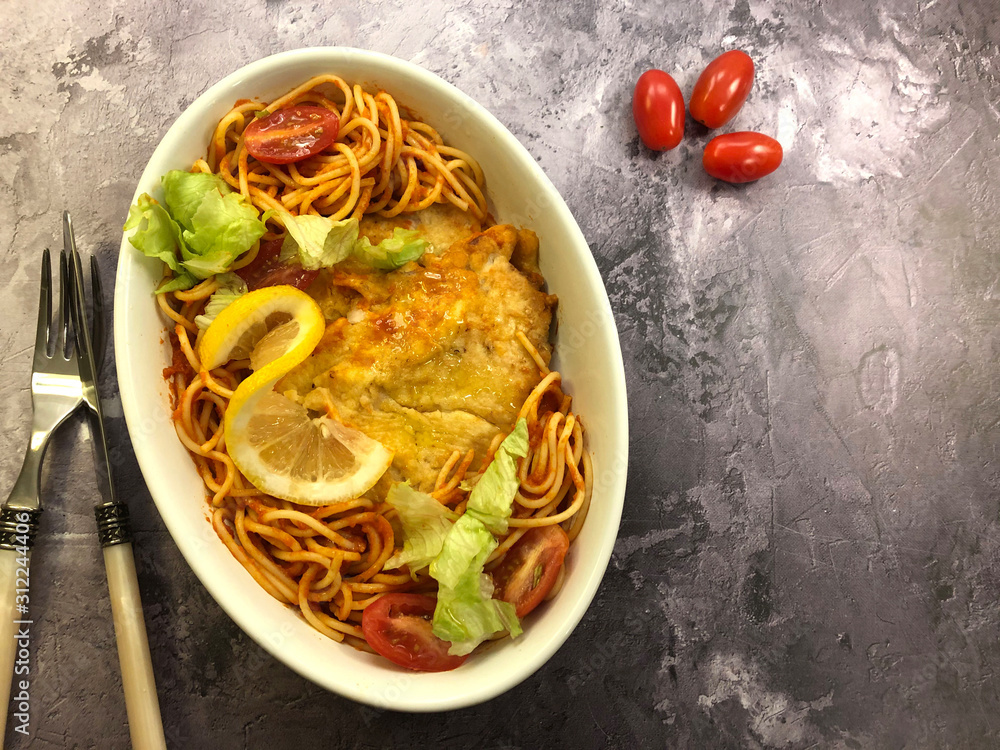 Chicken Piccata. Chicken breast cutlets, breaded with flour, egg, mixed