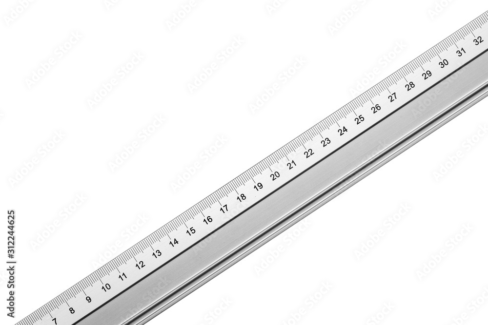 Gray metal ruler isolated on white. Empty copy space measurement tool background. Gray metal ruler isolated on white. Empty copy space measurement tool background.