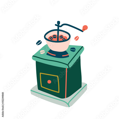 Equipment for grinding coffee, vector illustration, isolated colored drawing of manual vintage coffee grinder. Trendy flat naive style, good as icon, logo for coffee shop or cafe.