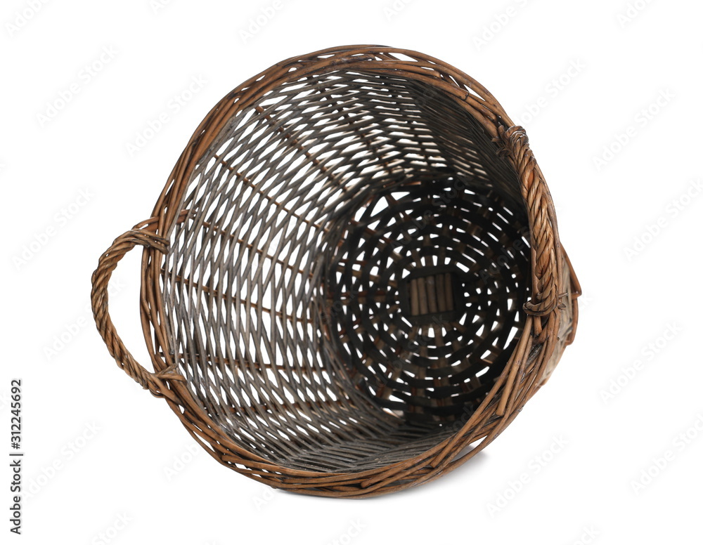 Fototapeta premium Empty wooden wicker basket isolated on white background