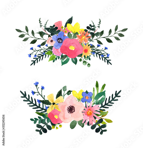 Watercolor ditsy flower bouquets, isolated on white background. hand painted cute wildflowers and green leaf and foliage. Whimsical style painting for Mothers day cards, birthday, Valentines day.