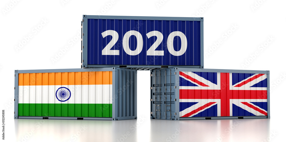 Year 2020 - Freight container with United Kingdom and India flag. 3D Rendering