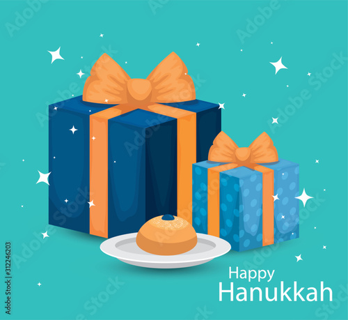 happy hanukkah with gift boxes and bread design