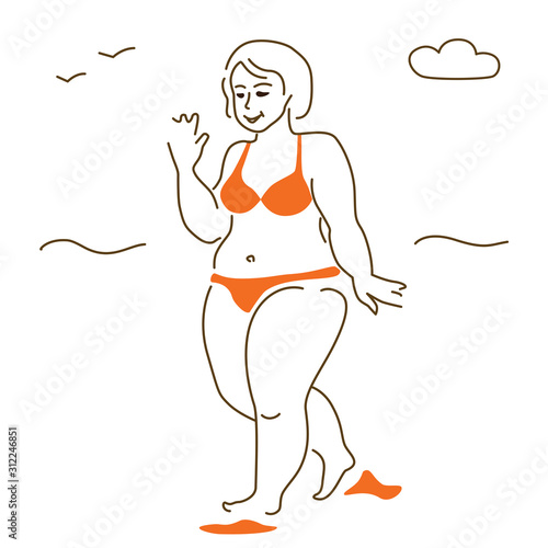 Vector illustration of a woman of big XXL over size on the beach in a swimsuit is not shy of her body. No shaming.