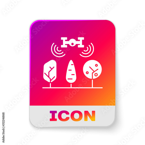 White Smart farm with drone control and tree icon isolated on white background. Innovation technology for agricultural company. Rectangle color button. Vector Illustration