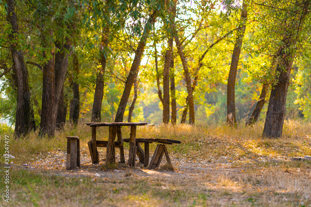 A table and two benches from a rough log house. Recreation area in the forest