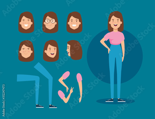 young woman with body parts characters vector illustration design