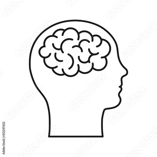 Icon of human cerebrum. The image of the brain in the head of a human. Vector illustration in outline style are isolated on white background.